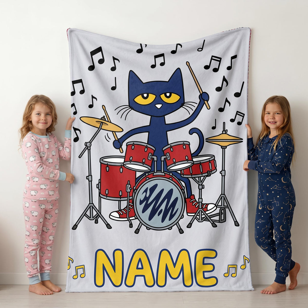Personalized Pete the Cat Rock Drummer Blanket Custom Name Music Room Bedding