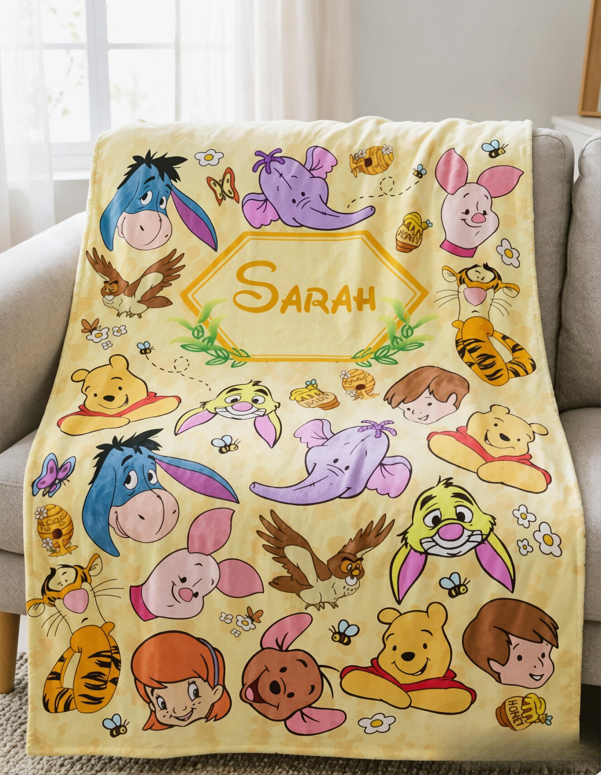Custom Name Winnie the Pooh Blanket, Hundred Acre Wood Characters, Cozy Flannel Fleece Throw