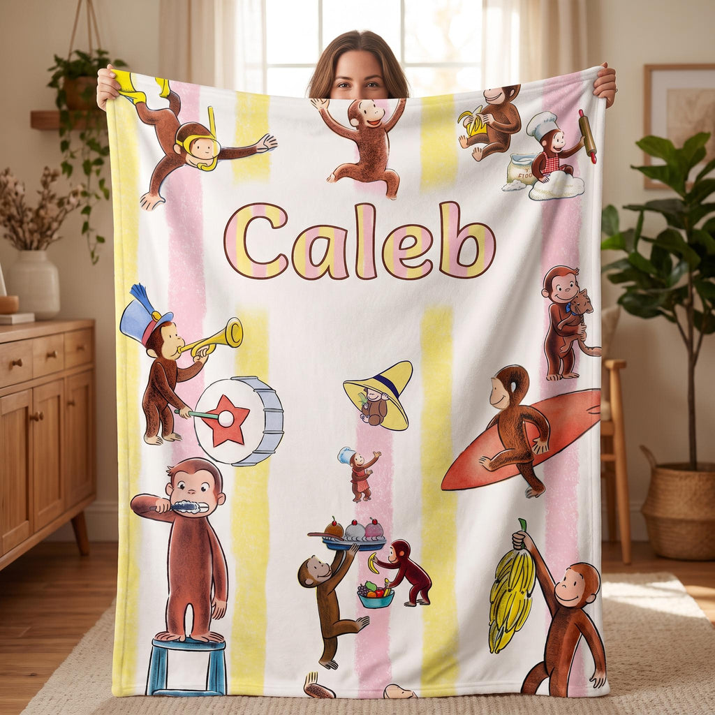 Personalized Monkey Blanket, Custom Name Boy Blanket, Cute Animal Nursery Decor, Toddler Bedding, Baby Shower Gift for Boys