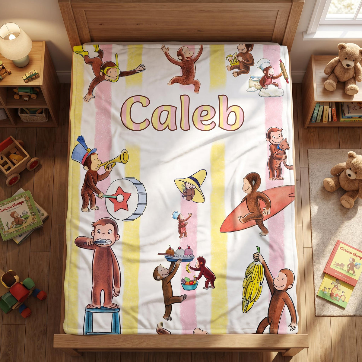 Personalized Monkey Blanket, Custom Name Boy Blanket, Cute Animal Nursery Decor, Toddler Bedding, Baby Shower Gift for Boys
