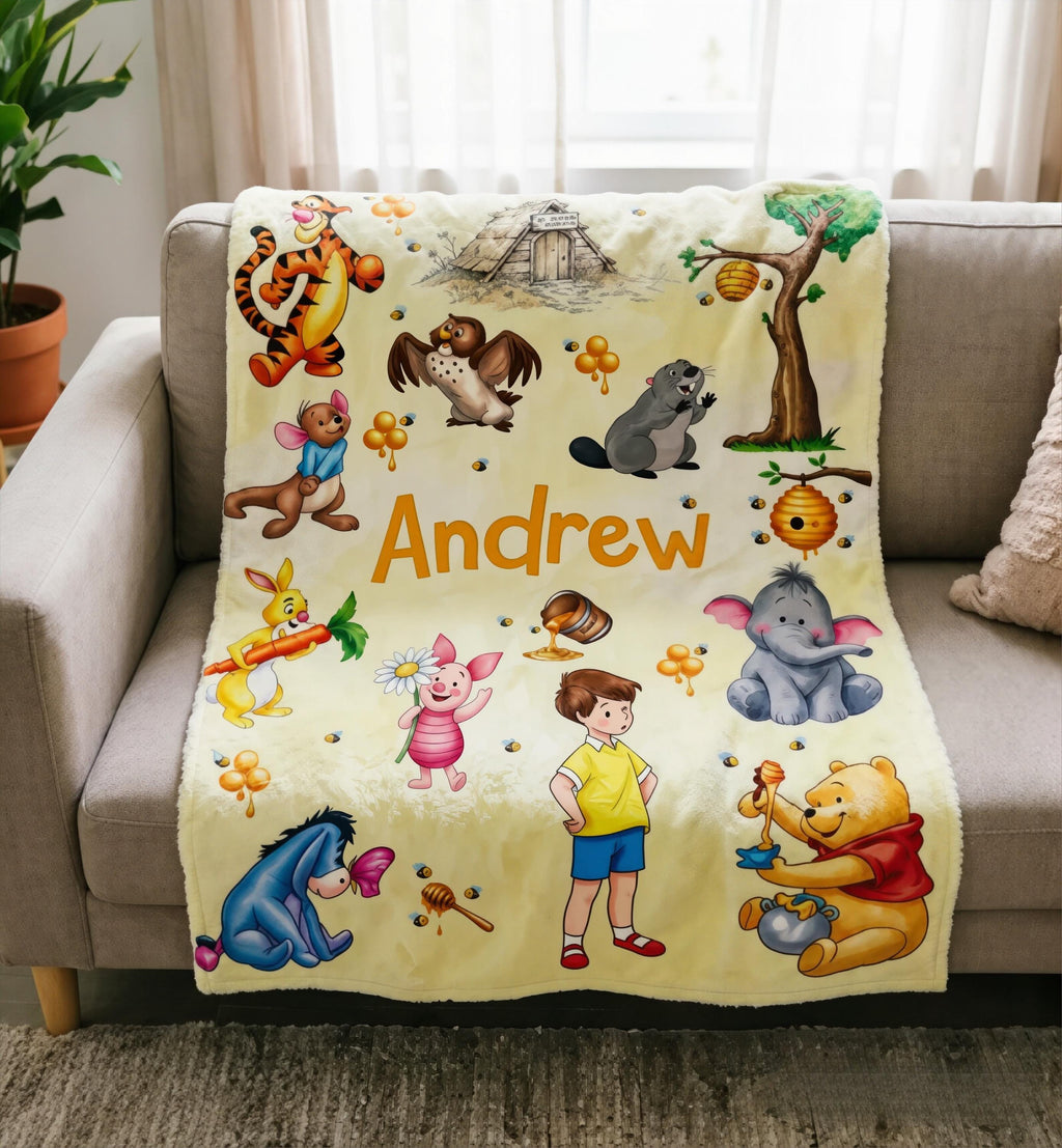 Custom Name Winnie the Pooh Blanket, Hundred Acre Wood Characters, Cozy Flannel Fleece Throw