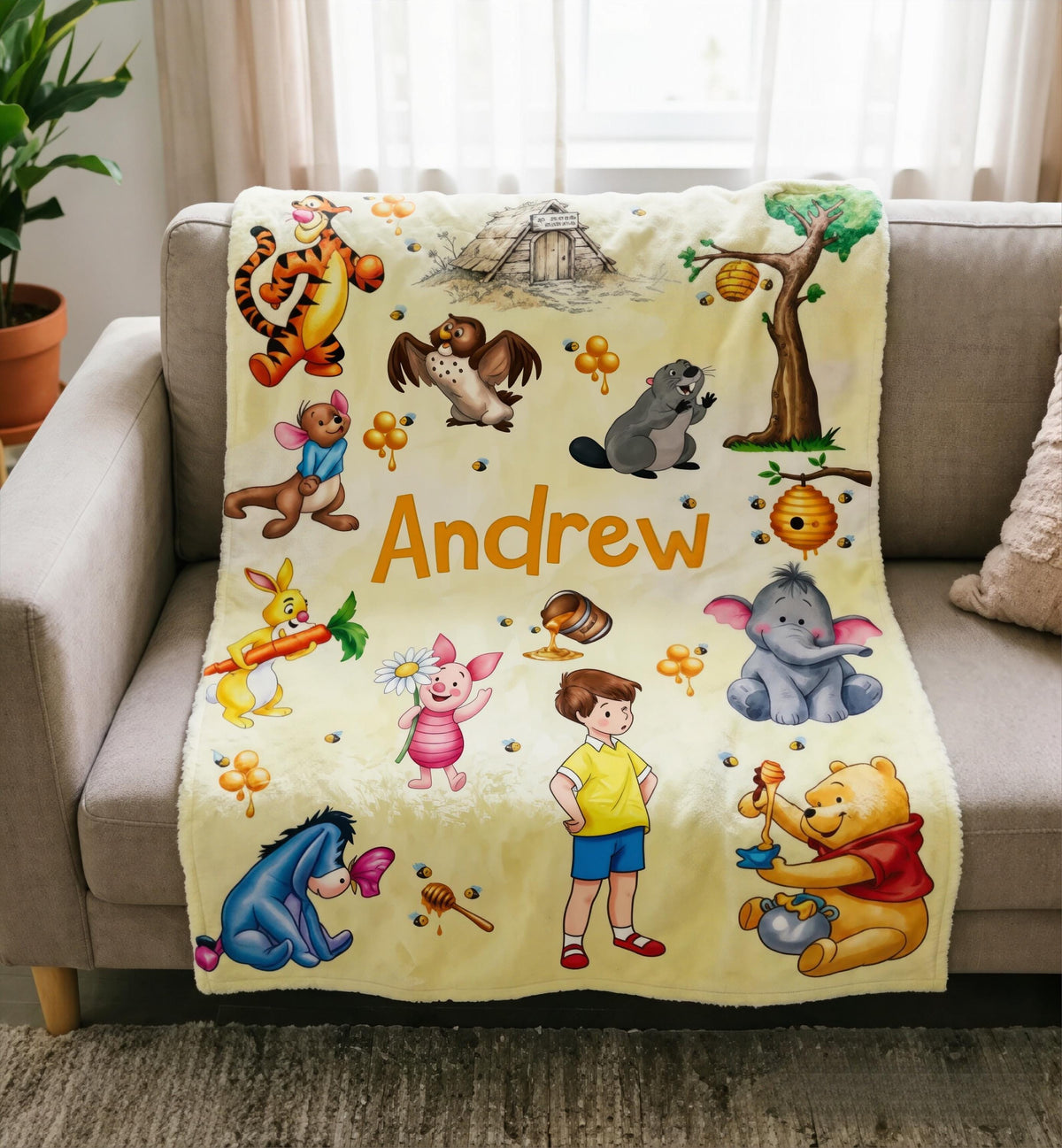 Custom Name Winnie the Pooh Blanket, Hundred Acre Wood Characters, Cozy Flannel Fleece Throw