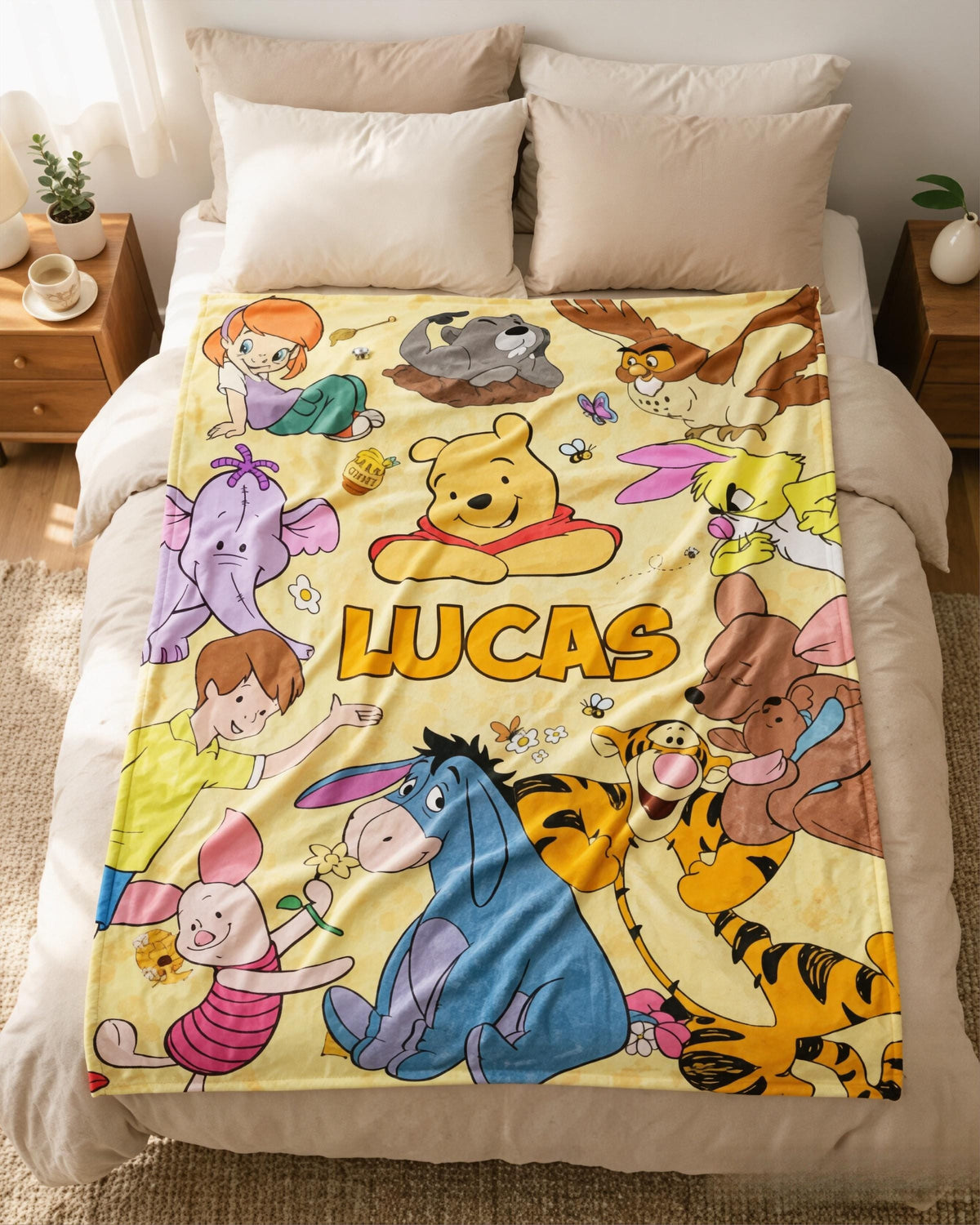 Custom Name Winnie the Pooh Blanket, Hundred Acre Wood Characters, Cozy Flannel Fleece Throw