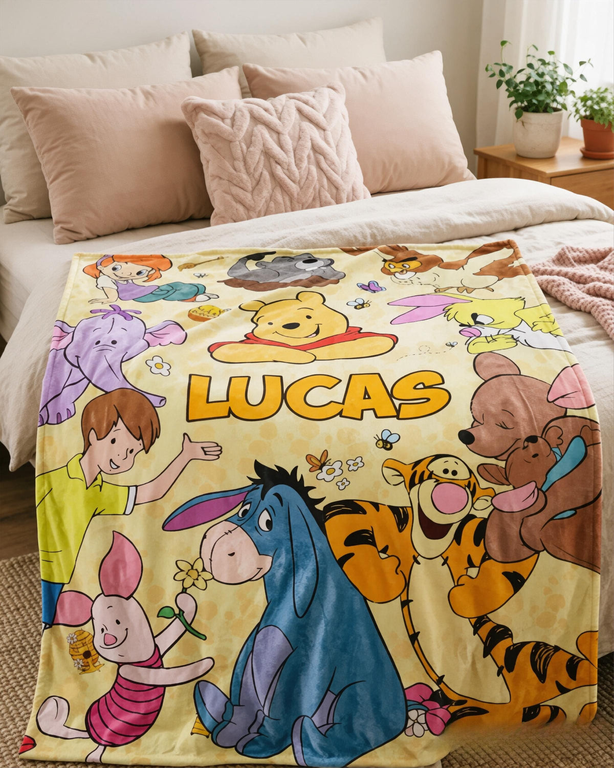 Custom Name Winnie the Pooh Blanket, Hundred Acre Wood Characters, Cozy Flannel Fleece Throw