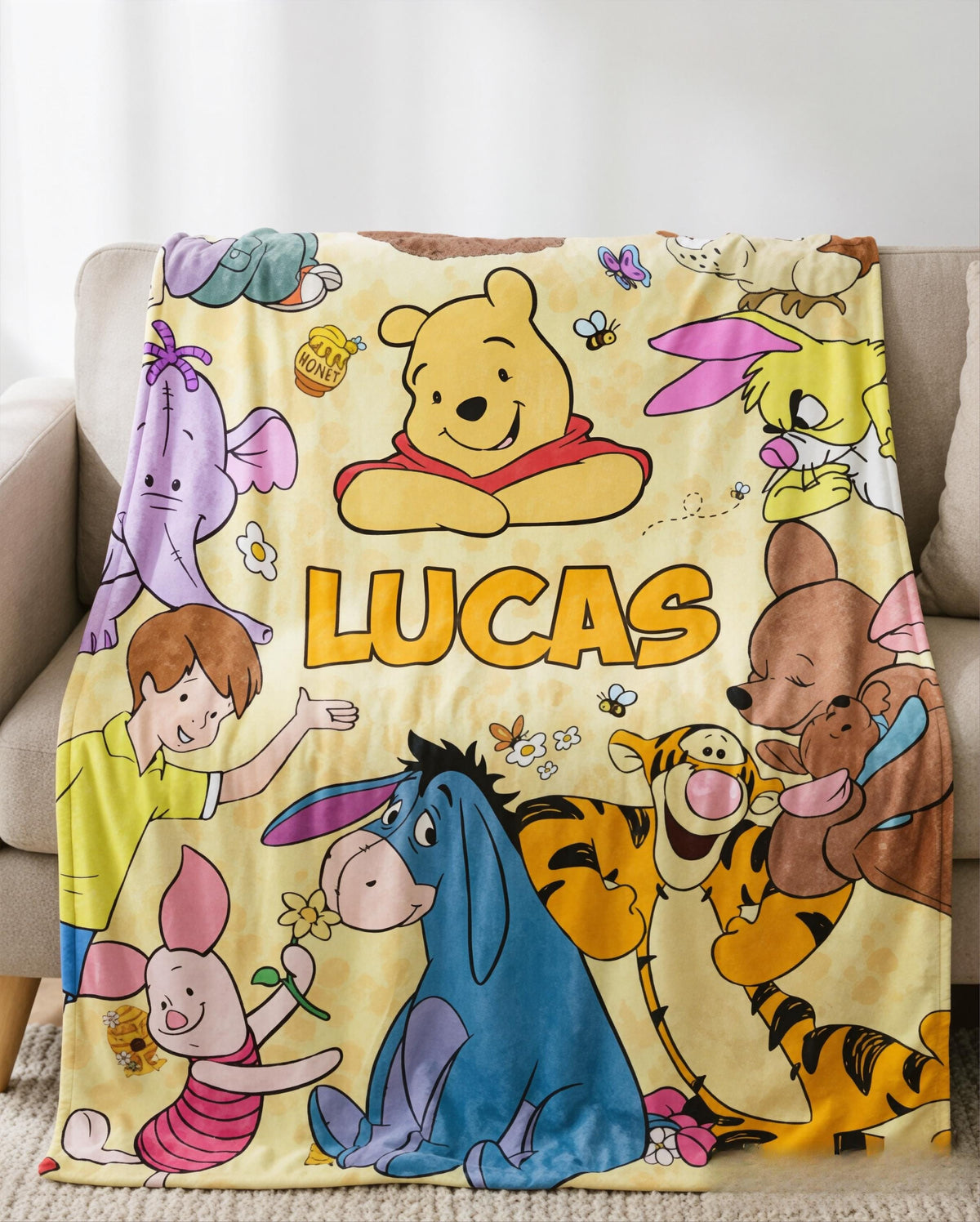 Custom Name Winnie the Pooh Blanket, Hundred Acre Wood Characters, Cozy Flannel Fleece Throw