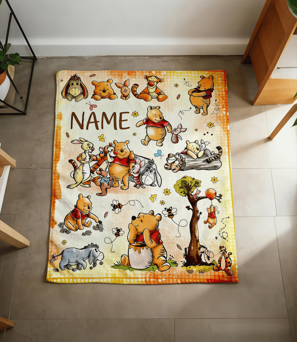 Custom Name Winnie the Pooh Blanket, Hundred Acre Wood Characters, Cozy Flannel Fleece Throw