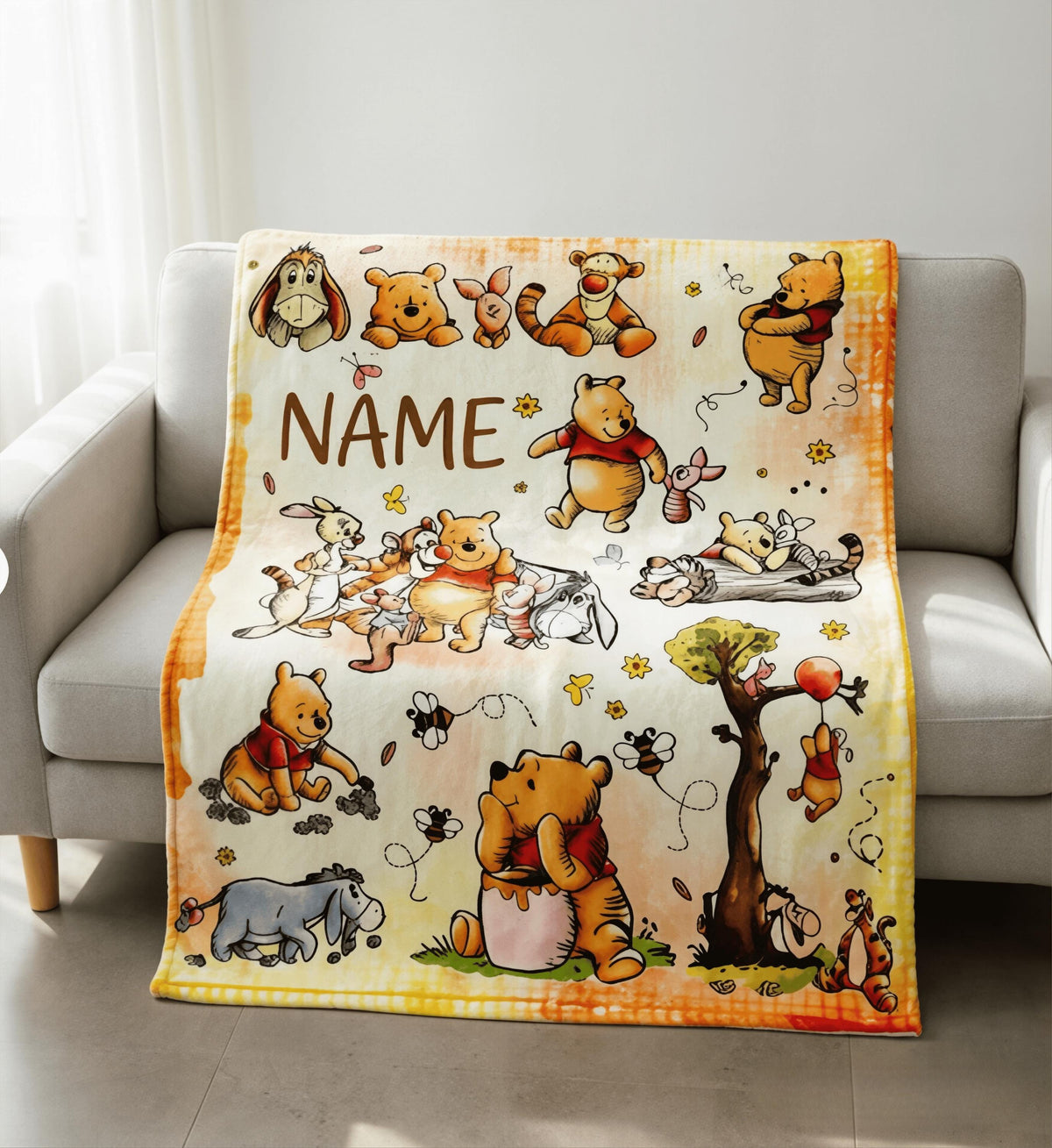 Custom Name Winnie the Pooh Blanket, Hundred Acre Wood Characters, Cozy Flannel Fleece Throw