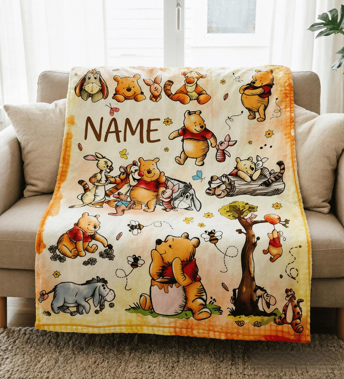 Custom Name Winnie the Pooh Blanket, Hundred Acre Wood Characters, Cozy Flannel Fleece Throw