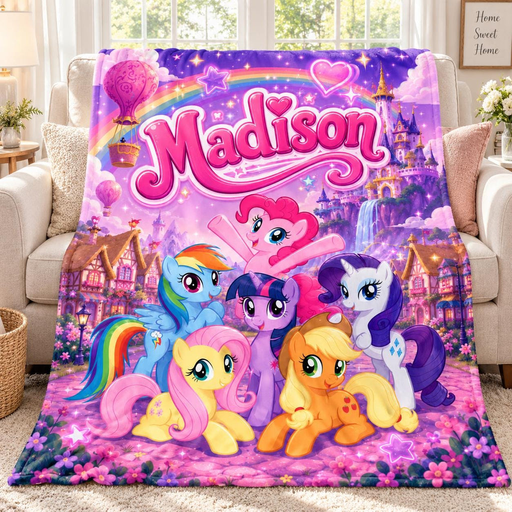 Personalized Magical Pony Blanket for Girls, Custom Name Flannel Throw, Cartoon Bedding, Kids Birthday Gift, Magical Nursery Room Decor