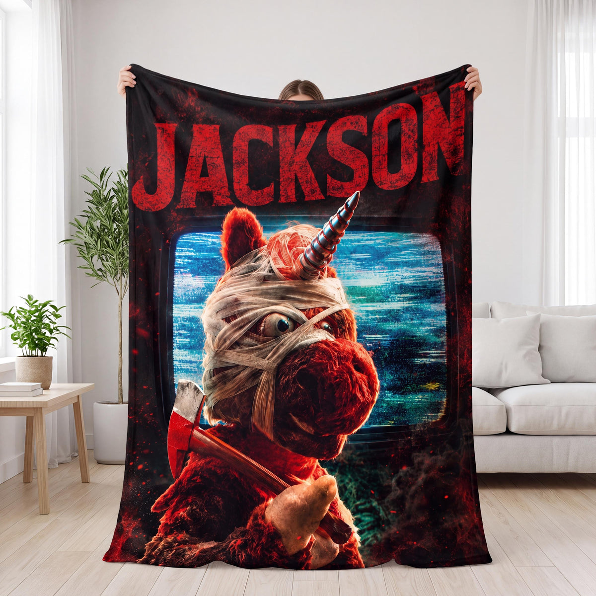 Custom Name Halloween Buddy The Unicorn Flannel Throw Blanket Personalized Spooky Fan Gift Magical Kids Fall Room Decor Soft Couch Accent