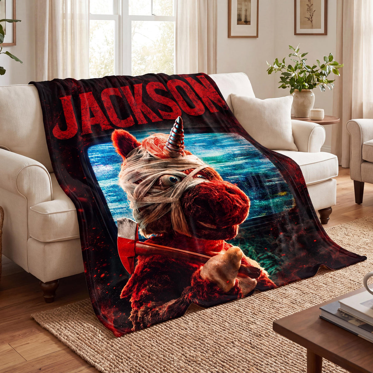 Custom Name Halloween Buddy The Unicorn Flannel Throw Blanket Personalized Spooky Fan Gift Magical Kids Fall Room Decor Soft Couch Accent