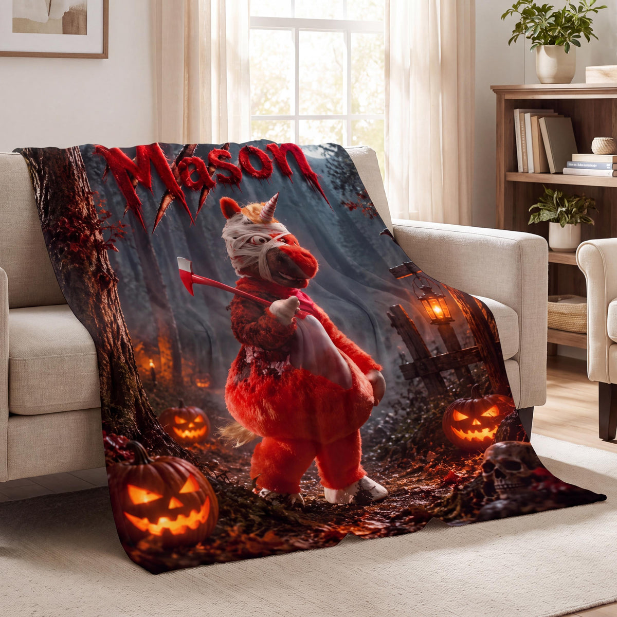 Custom Buddy The Unicorn Halloween Blanket, Personalized Spooky Name Flannel Throw, Creepy Horror Fan Gift, Scary Movie Night Decor