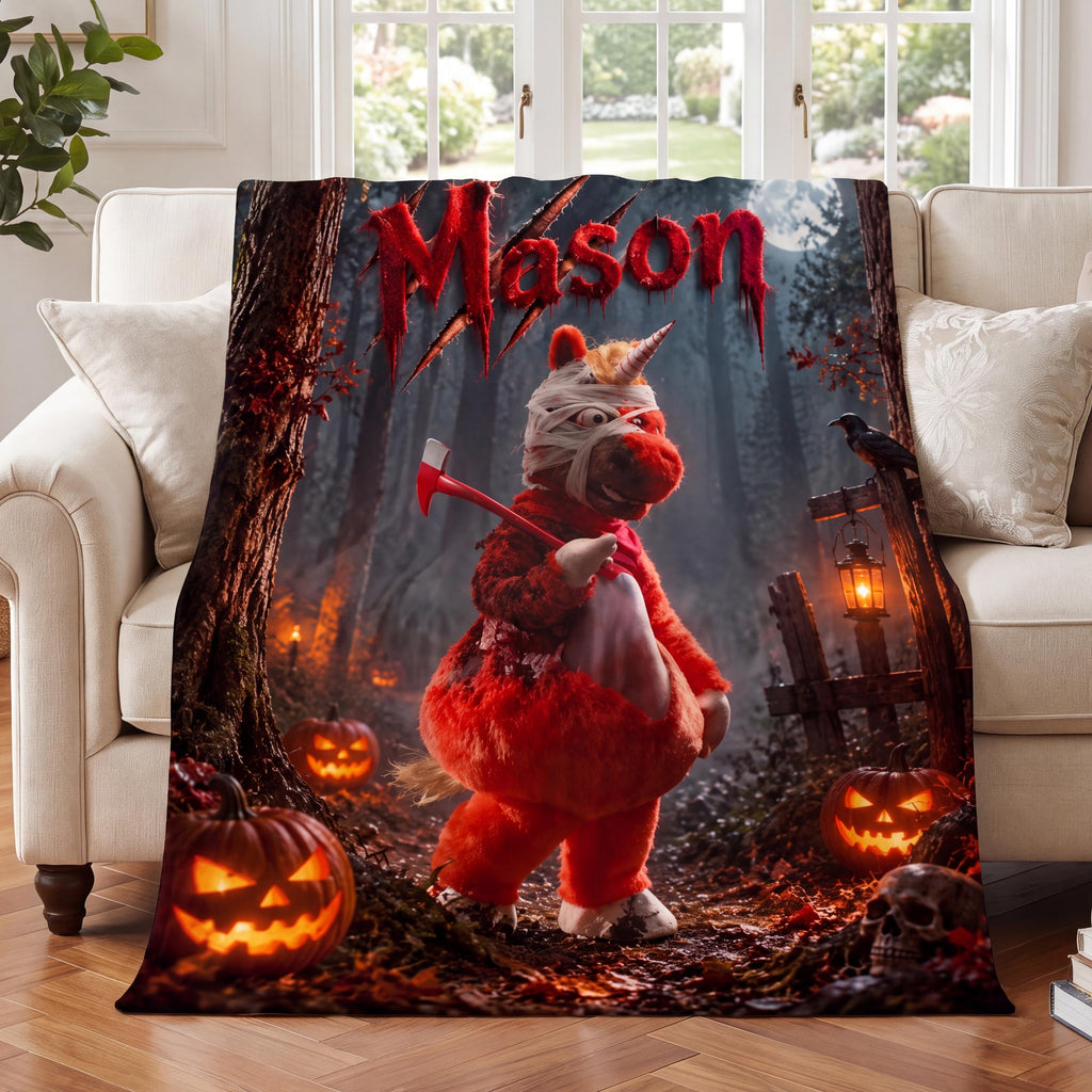 Custom Buddy The Unicorn Halloween Blanket, Personalized Spooky Name Flannel Throw, Creepy Horror Fan Gift, Scary Movie Night Decor