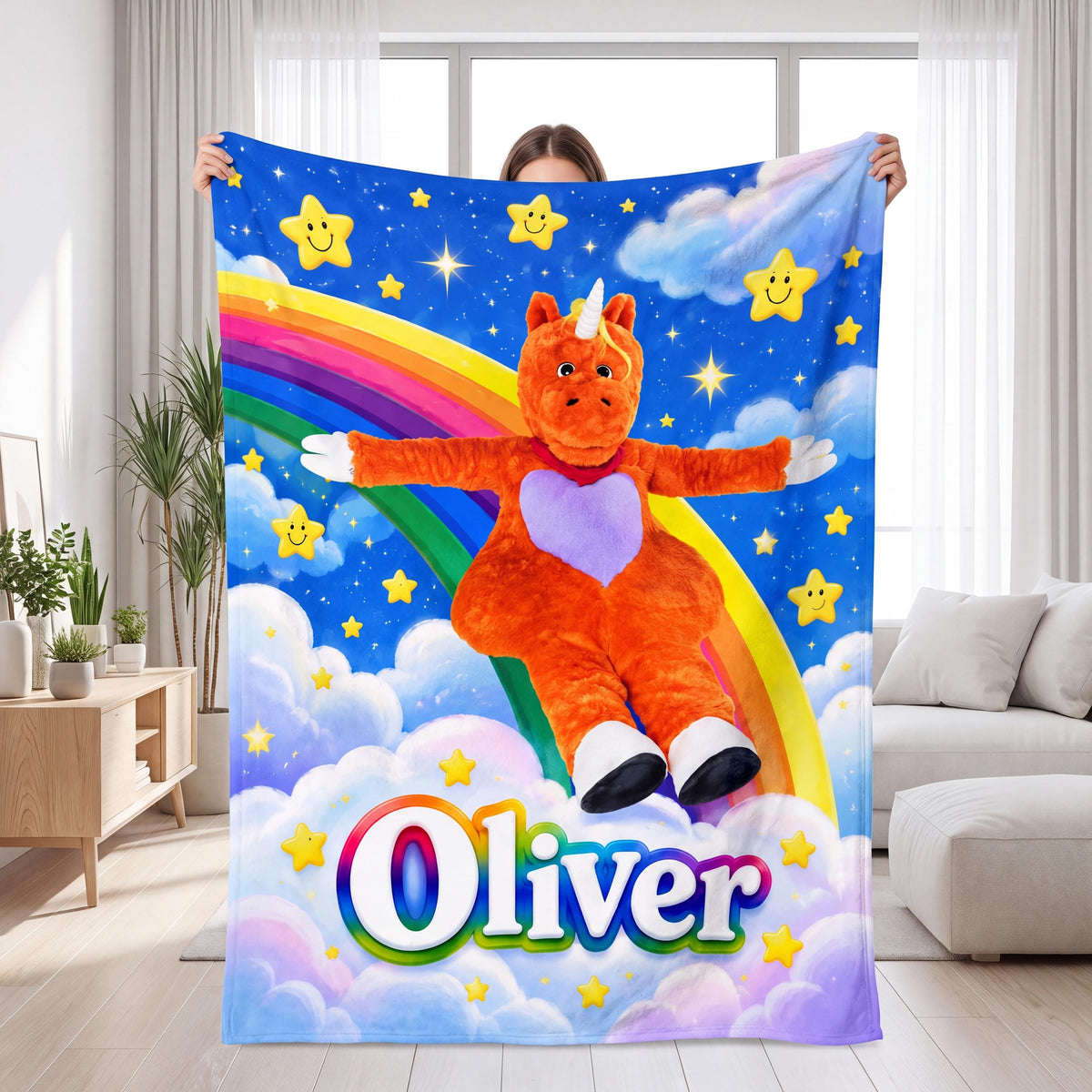 Personalized Buddy the Unicorn Flannel Blanket, Custom Halloween Gift for Kids, Rainbow Name Throw, Magical Fan Gift, Cozy Room Decor
