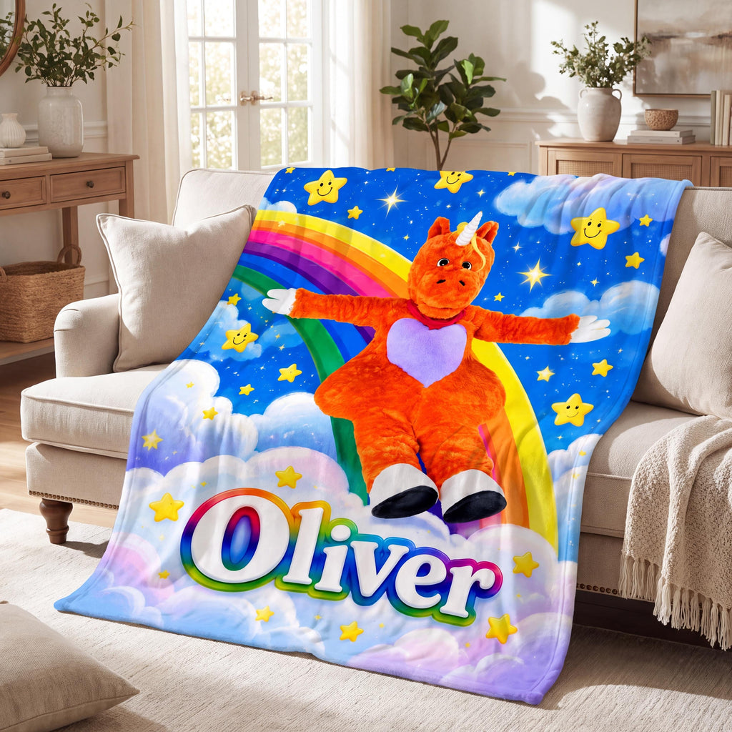 Personalized Buddy the Unicorn Flannel Blanket, Custom Halloween Gift for Kids, Rainbow Name Throw, Magical Fan Gift, Cozy Room Decor