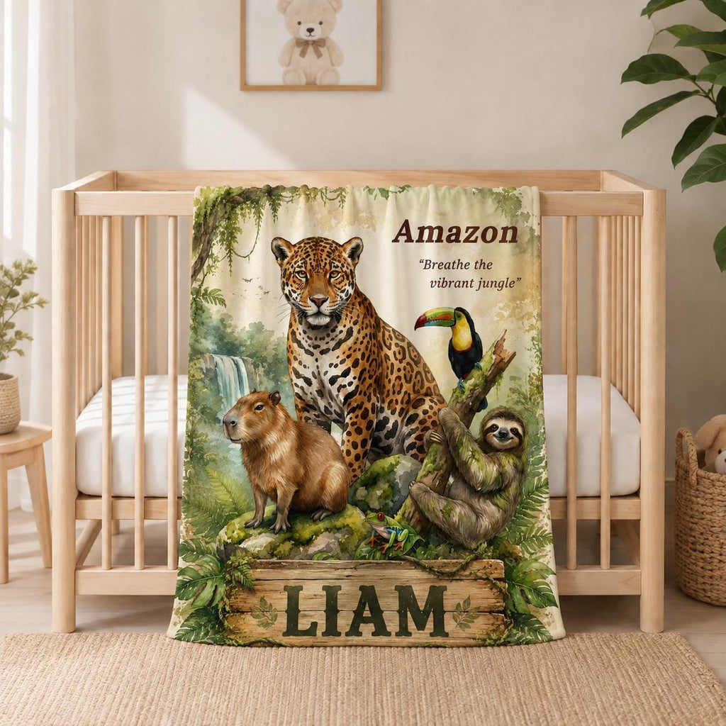 Personalized Watercolor Wildlife Throw Blanket, Custom Name, Nature Lover Gift