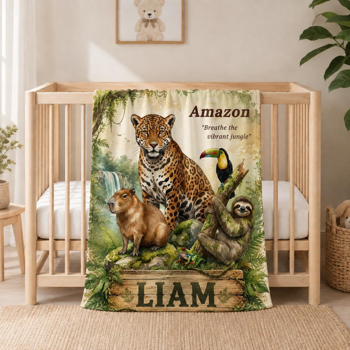 Personalized Watercolor Wildlife Throw Blanket, Custom Name, Nature Lover Gift