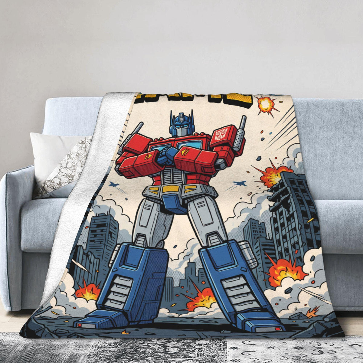 Transformers Optimus Prime Flannel Blanket, Retro Comic Hero Throw, Boys Room Bedding Decor, Birthday Gift, Custom Name Blanket