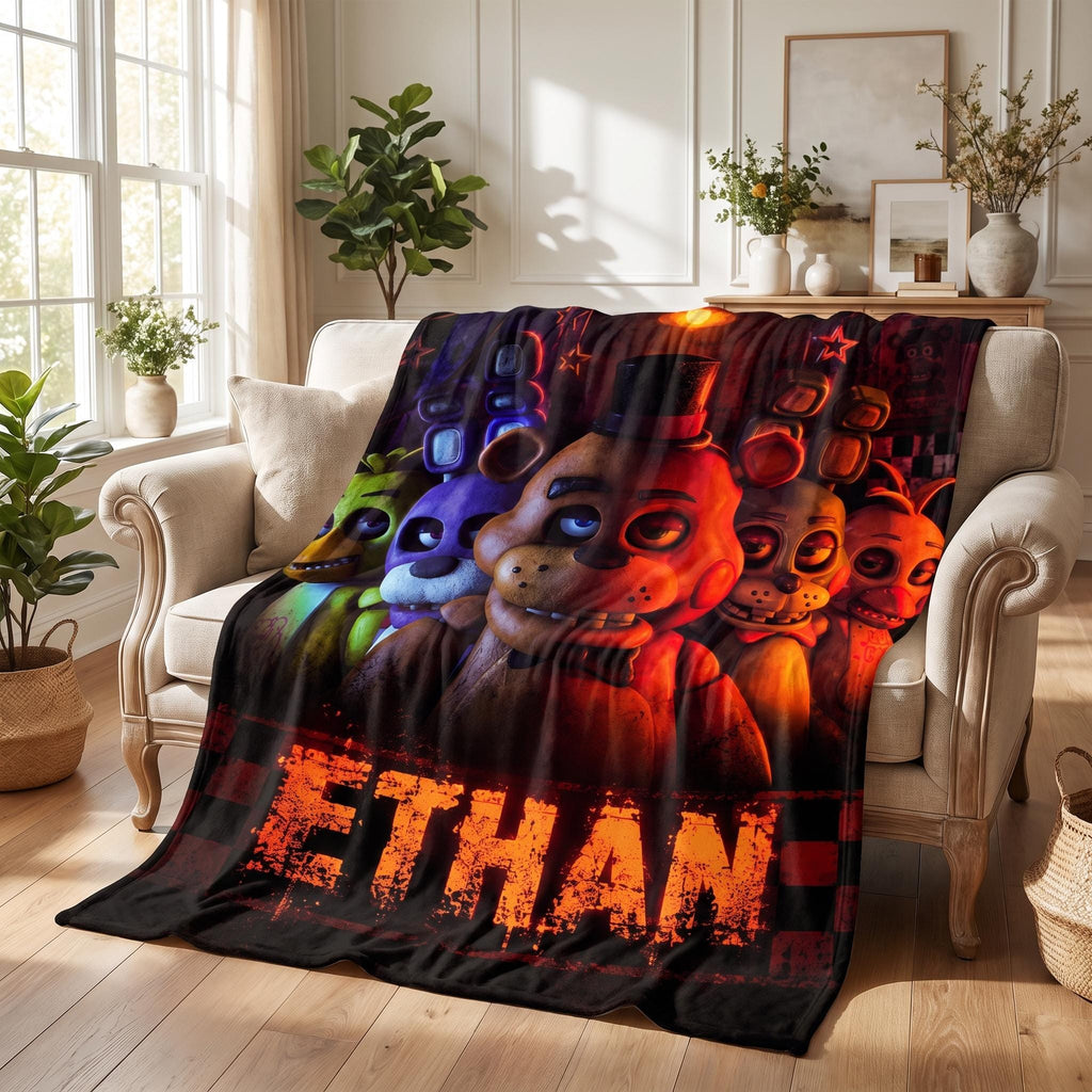 Custom Name FNAF Flannel Blanket, Personalized Horror Gamer Throw, Freddy Fazbear Fan Gift, Kids Room Bedding Decor, Boy Birthday Present