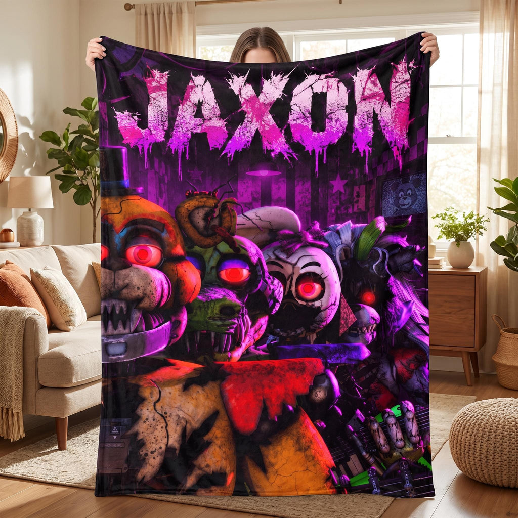 Custom Name Flannel Blanket, Personalized FNAF Gamer Throw, Horror Video Game Animatronic Bedding, Scary Kids Birthday Gift for Boys Room