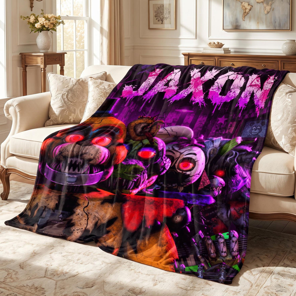 Custom Name Flannel Blanket, Personalized FNAF Gamer Throw, Horror Video Game Animatronic Bedding, Scary Kids Birthday Gift for Boys Room