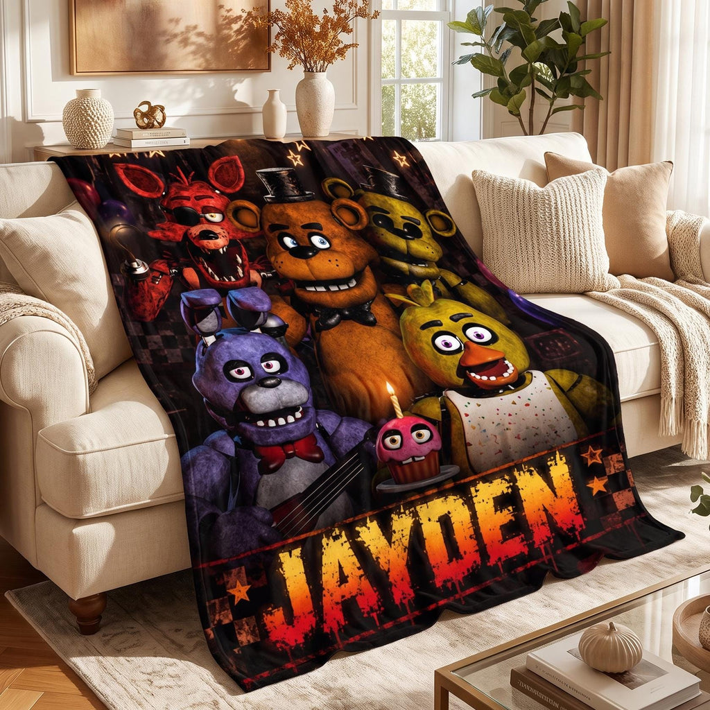 Personalized FNAF Gamer Blanket, Custom Name Horror Animatronic Throw, Boys Bedroom Decor, Soft Flannel Birthday Gift for Gamer Kids