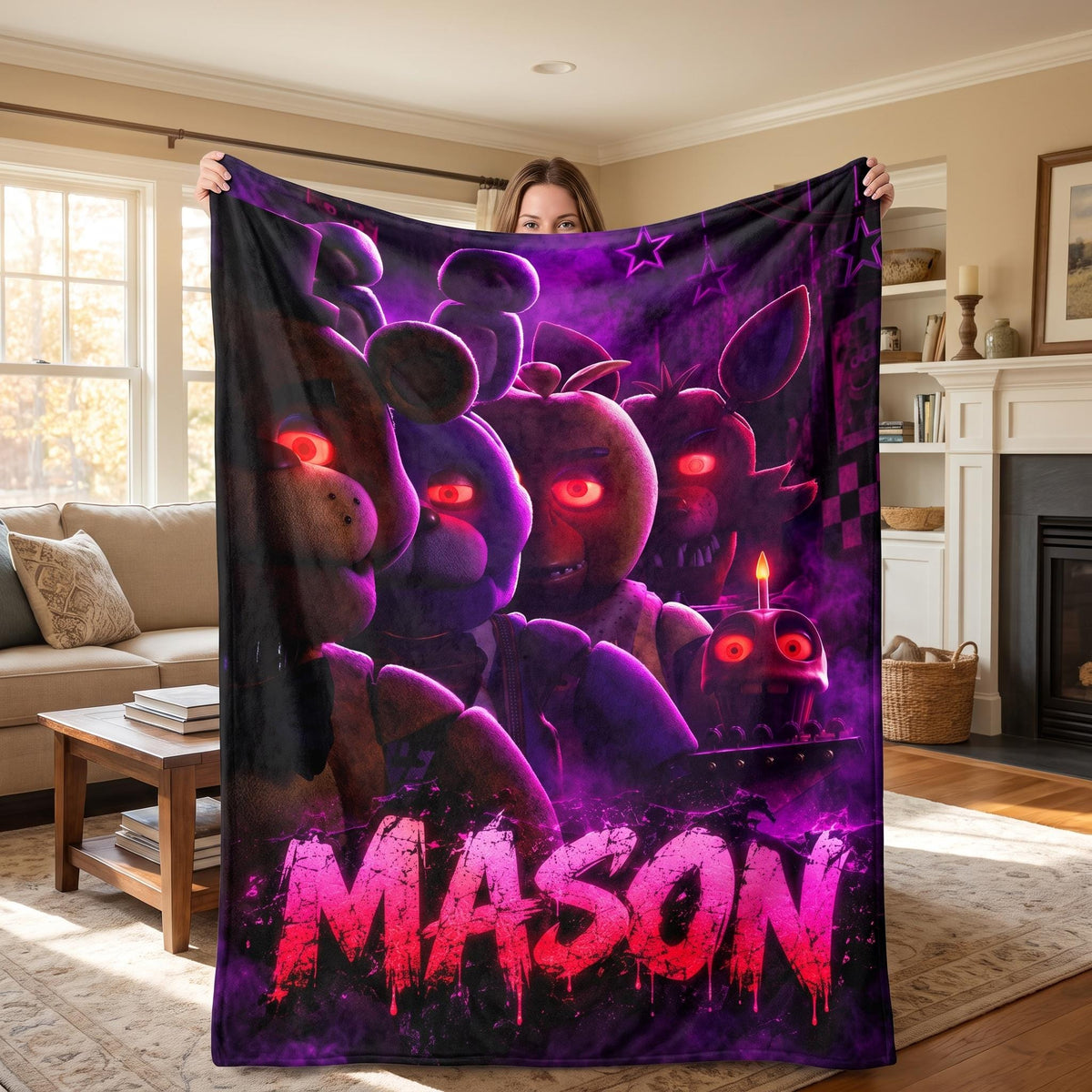 Personalized FNAF Flannel Blanket Custom Name Throw Spooky Horror Gamer Room Decor Animatronic Video Game Teen Boy Birthday Gift Idea