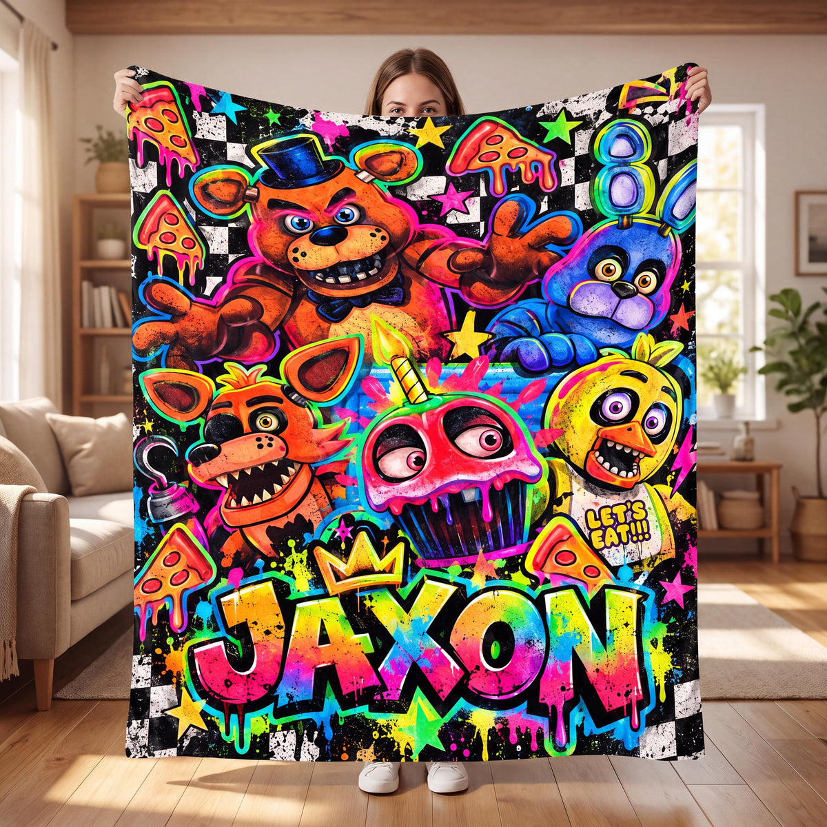 Personalized FNAF Gamer Blanket Custom Name Soft Flannel Throw Neon Animatronic Boys Room Decor Horror Video Game Fan Kids Birthday Gift