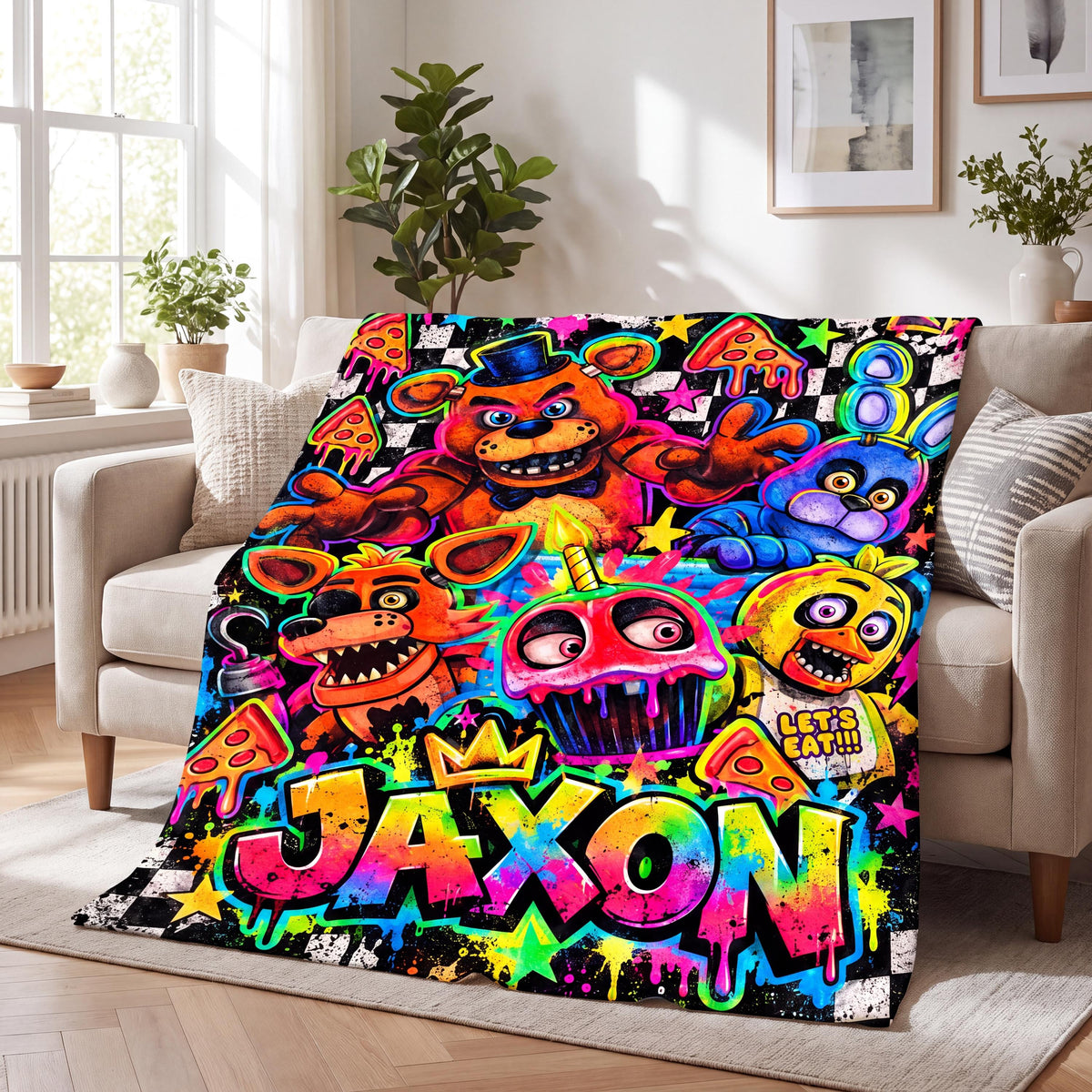 Personalized FNAF Gamer Blanket Custom Name Soft Flannel Throw Neon Animatronic Boys Room Decor Horror Video Game Fan Kids Birthday Gift