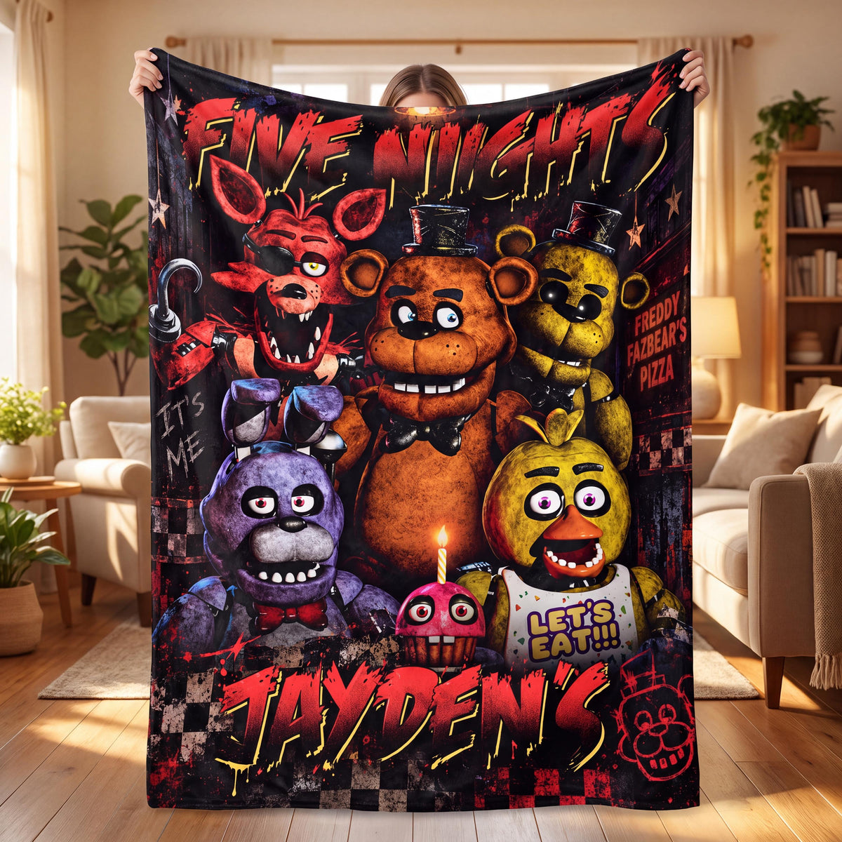 Personalized FNAF Flannel Blanket Custom Name Horror Video Game Throw Fazbear Boy Room Decor Teen Animatronic Gamer Fan Birthday Gift