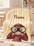Curious George Personalized Blanket, Custom Name Yellow Stripe Flannel Throw, Kids Monkey Bedroom Gift