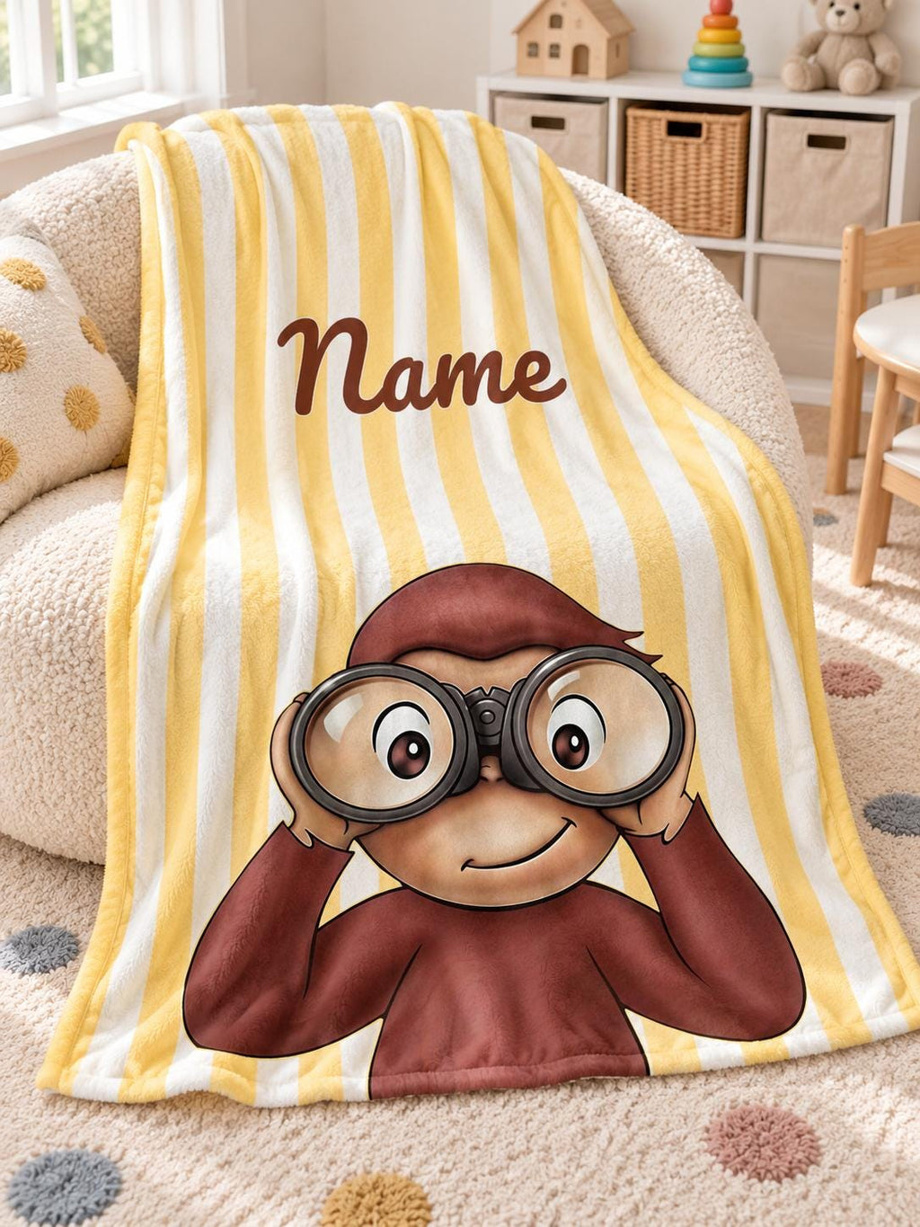 Curious George Personalized Blanket, Custom Name Yellow Stripe Flannel Throw, Kids Monkey Bedroom Gift