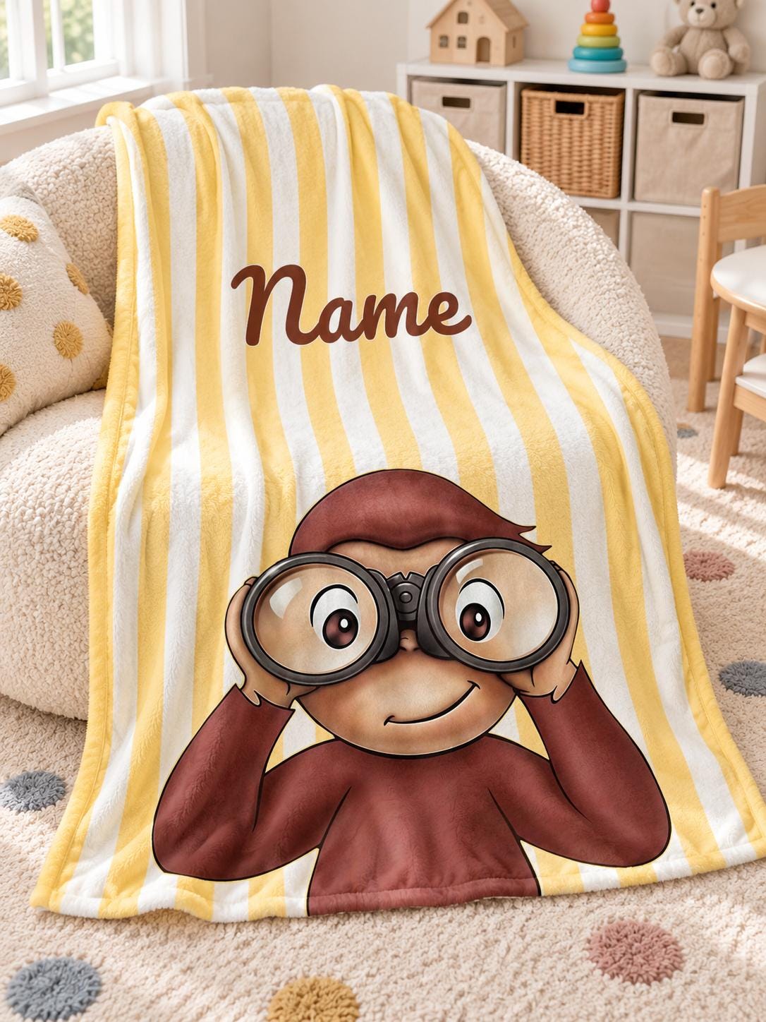 Curious George Personalized Blanket, Custom Name Yellow Stripe Flannel Throw, Kids Monkey Bedroom Gift