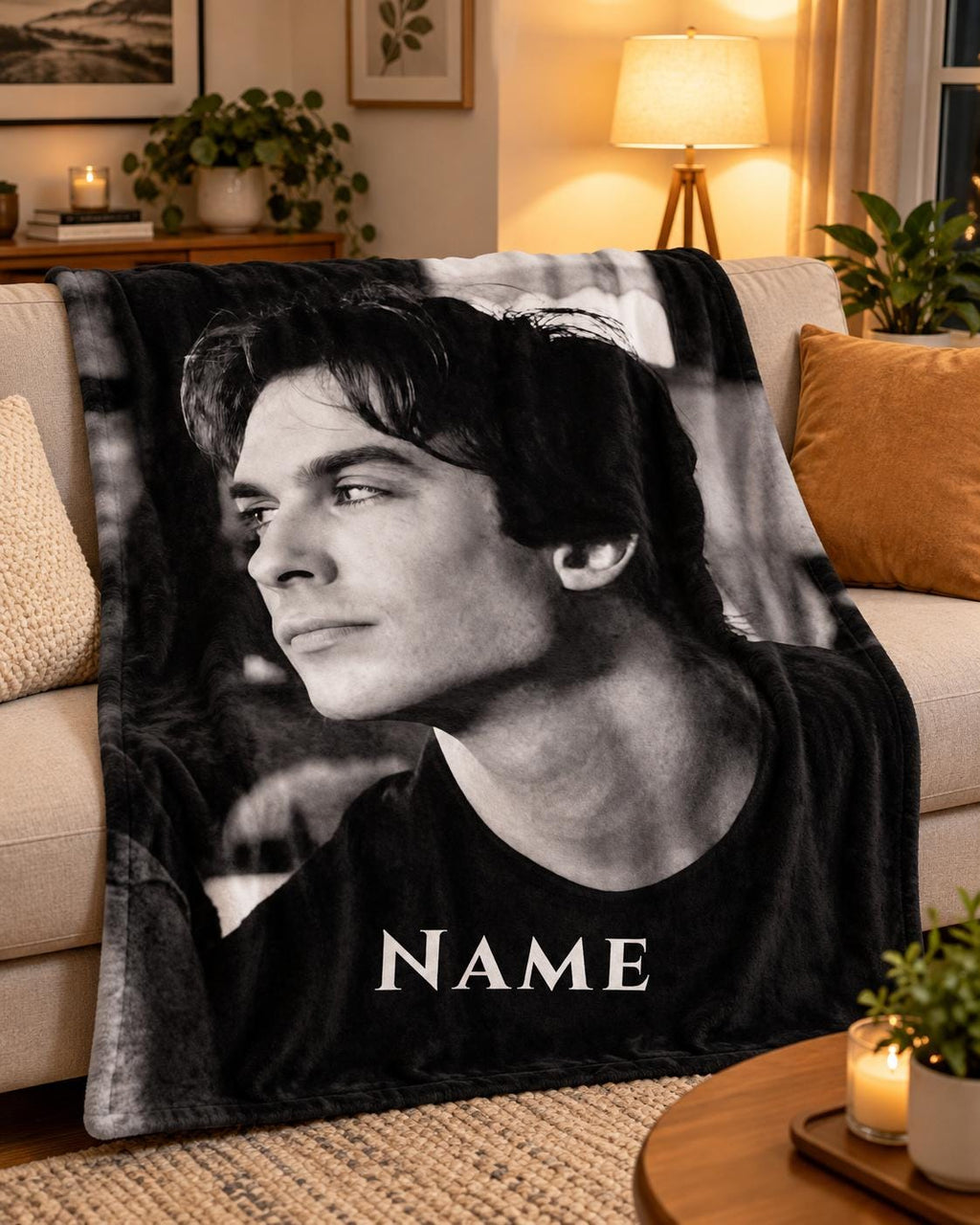 Ian Joseph Somerhalder Portrait Blanket, Custom Name Black White Flannel Throw, TV Fan Gift