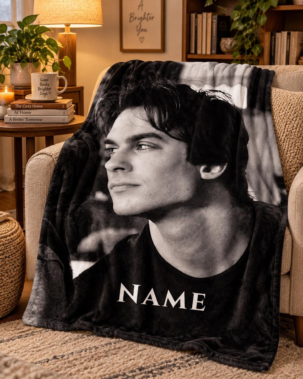 Ian Joseph Somerhalder Portrait Blanket, Custom Name Black White Flannel Throw, TV Fan Gift
