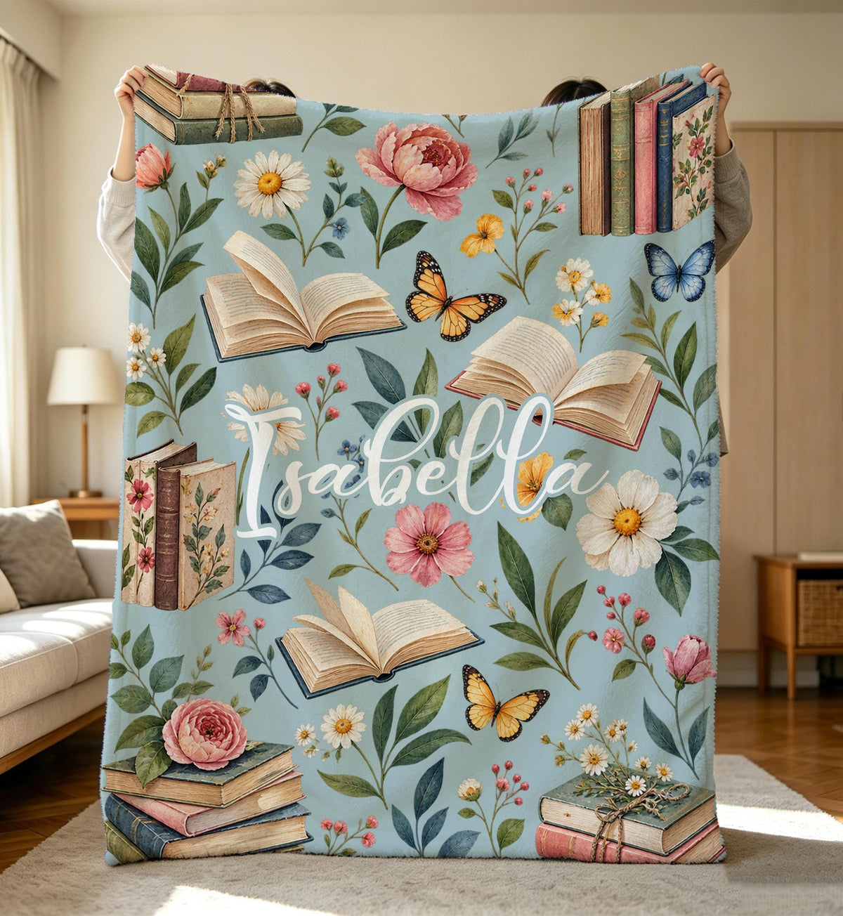 Floral Book Blanket,Reading Nook Blanket,Book Lovers Blanket,Cozy Soft Flannel Throw Blanket,Cozy Reader Birthday Gift,Bookish Gift for Her