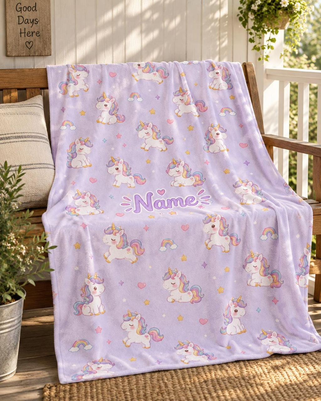 Personalized Unicorn Flannel Blanket, Custom Name Rainbow Throw, Pastel Kids Room Decor