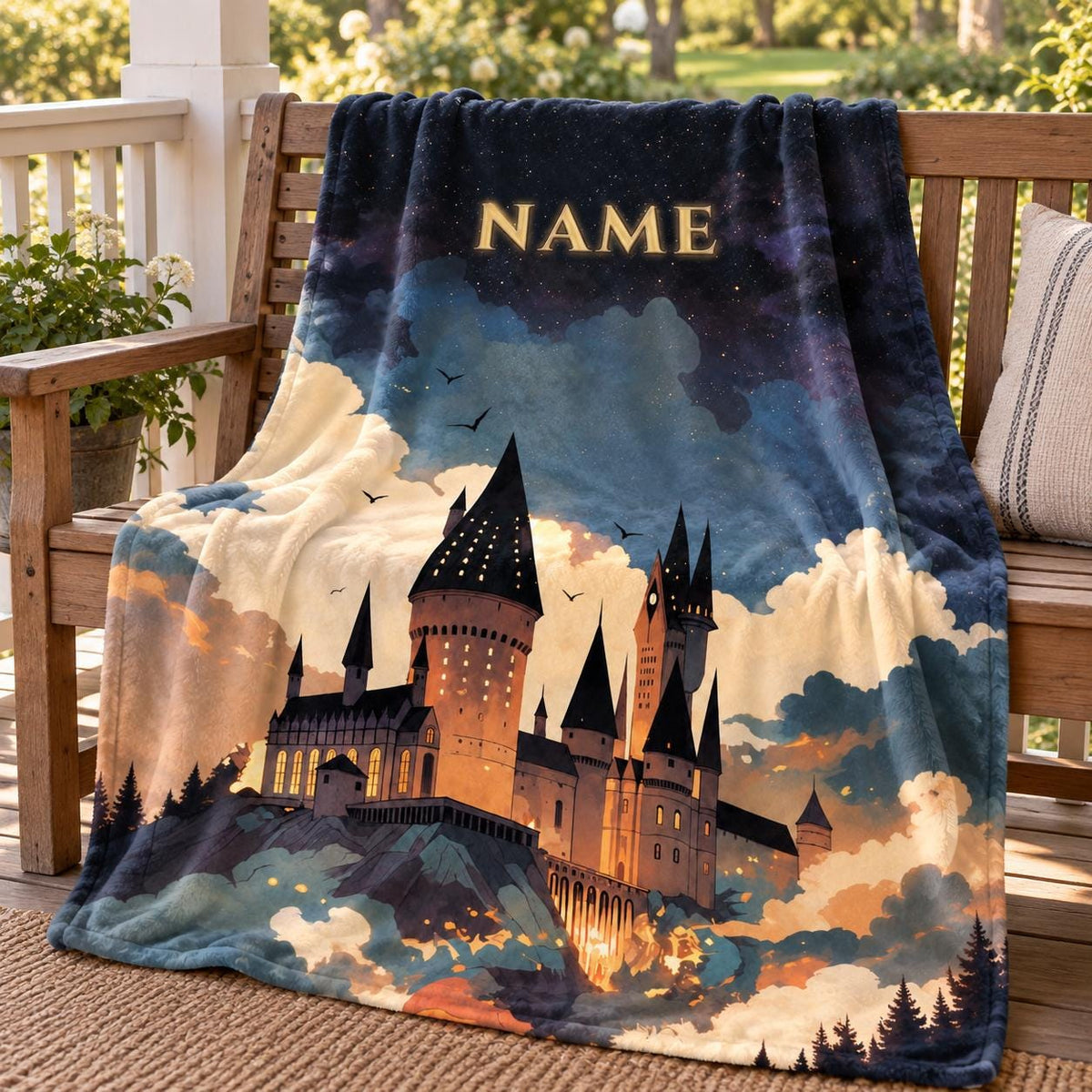 Personalized Magic Castle Blanket, Custom Name Fantasy Flannel Throw, Enchanted Night Sky Gift