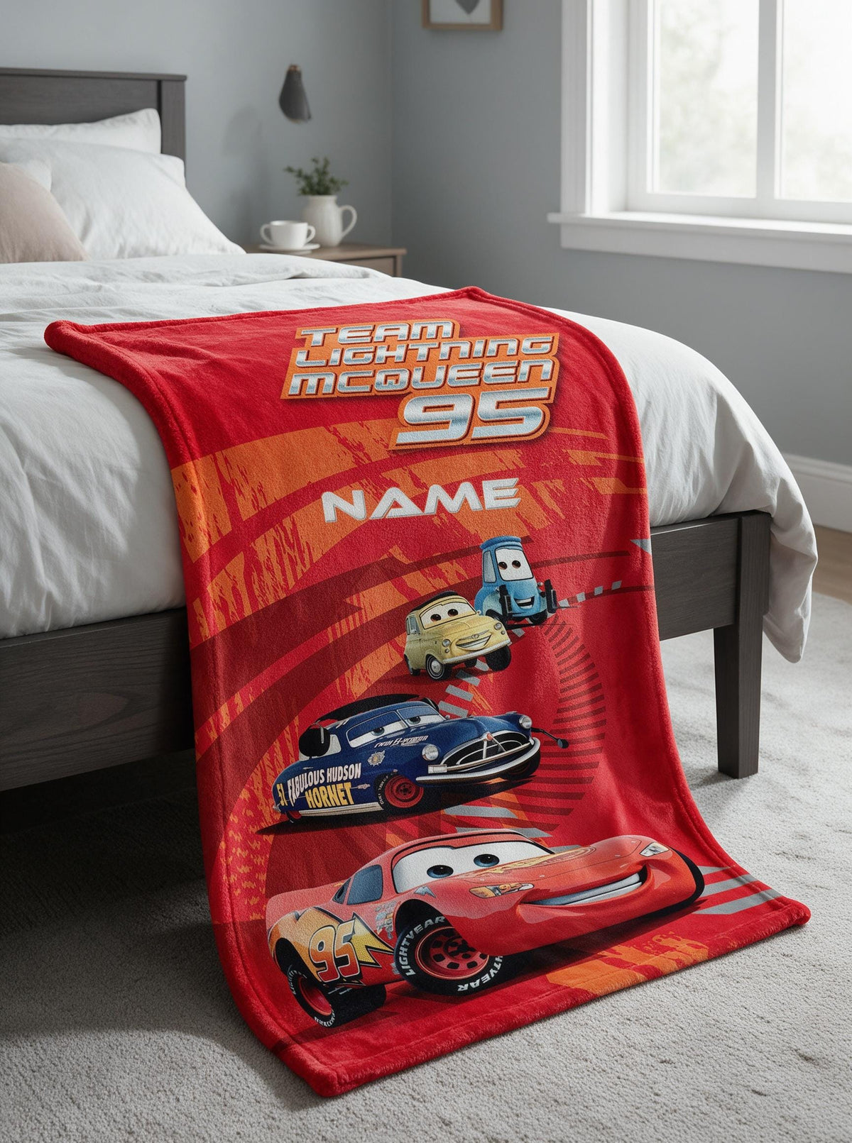 Personalized Cars 95 Blanket, Custom Name Racing Flannel Throw, Kids Speedway Bedroom Decor