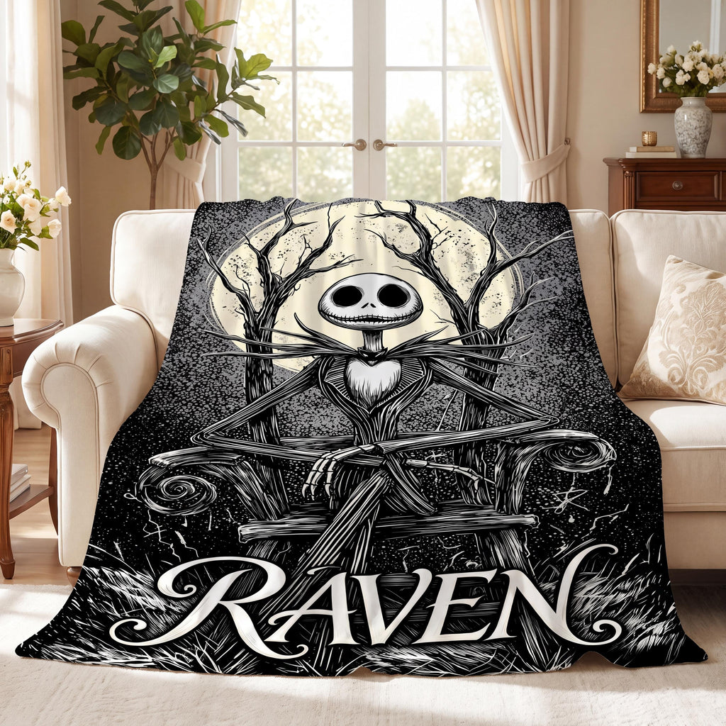 Personalized Flannel Blanket Custom Name Skeleton King Jack Skellington Spooky Gothic Halloween Christmas Fan Gift Cozy Bedding Decor