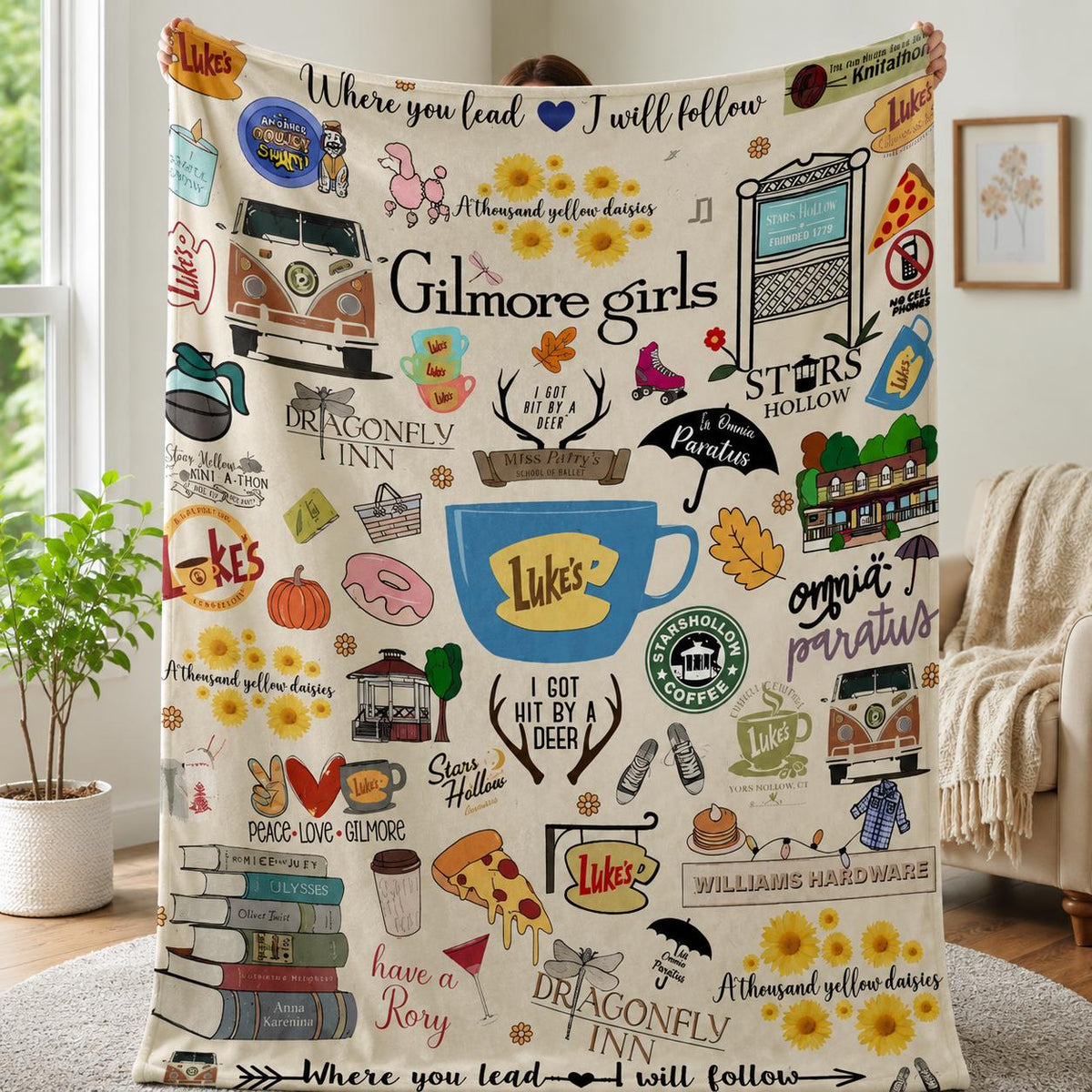 Gilmore Girls Blanket, Stars Hollow Doodle Throw, Luke's Diner Cozy TV Show Blanket, Where You Lead I Will Follow, Coffee Lover Gift