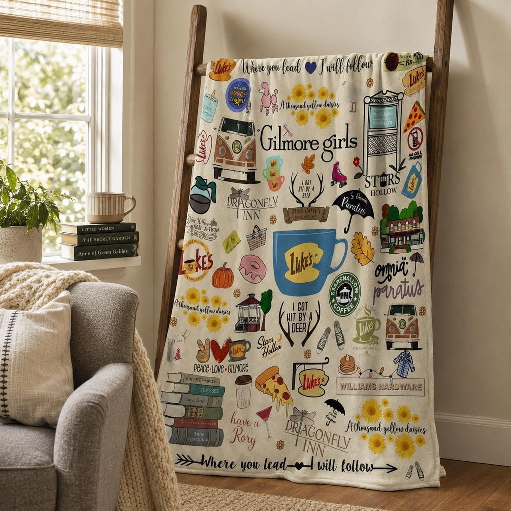 Gilmore Girls Blanket, Stars Hollow Doodle Throw, Luke's Diner Cozy TV Show Blanket, Where You Lead I Will Follow, Coffee Lover Gift
