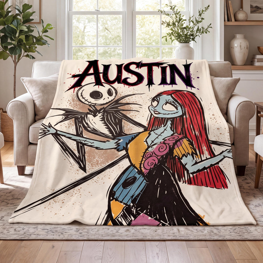 Personalized Flannel Blanket Custom Jack and Sally Cozy Throw Spooky Halloween Couples Decor Gothic Movie Fan Gift with Custom Name
