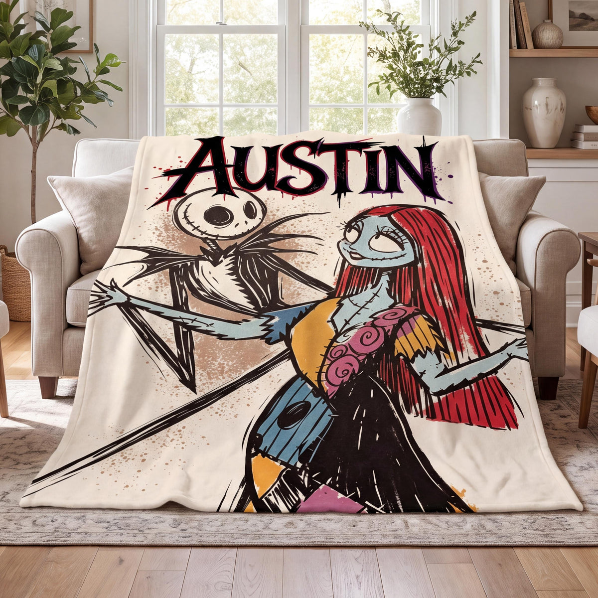 Personalized Flannel Blanket Custom Jack and Sally Cozy Throw Spooky Halloween Couples Decor Gothic Movie Fan Gift with Custom Name