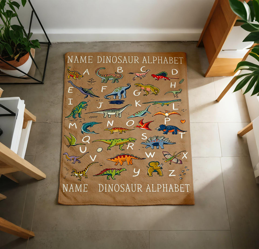 Custom Name Dinosaur ABC Blanket Soft Throw, Kids Dino Alphabet Learning Throw, Personalized Baby Shower Gift