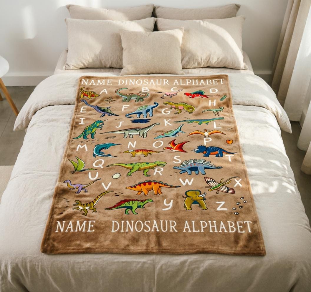 Custom Name Dinosaur ABC Blanket Soft Throw, Kids Dino Alphabet Learning Throw, Personalized Baby Shower Gift