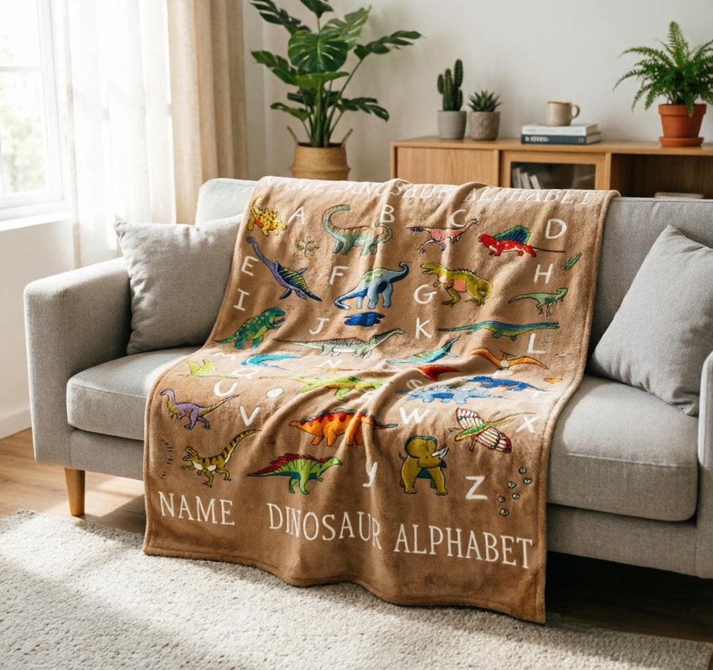 Custom Name Dinosaur ABC Blanket Soft Throw, Kids Dino Alphabet Learning Throw, Personalized Baby Shower Gift