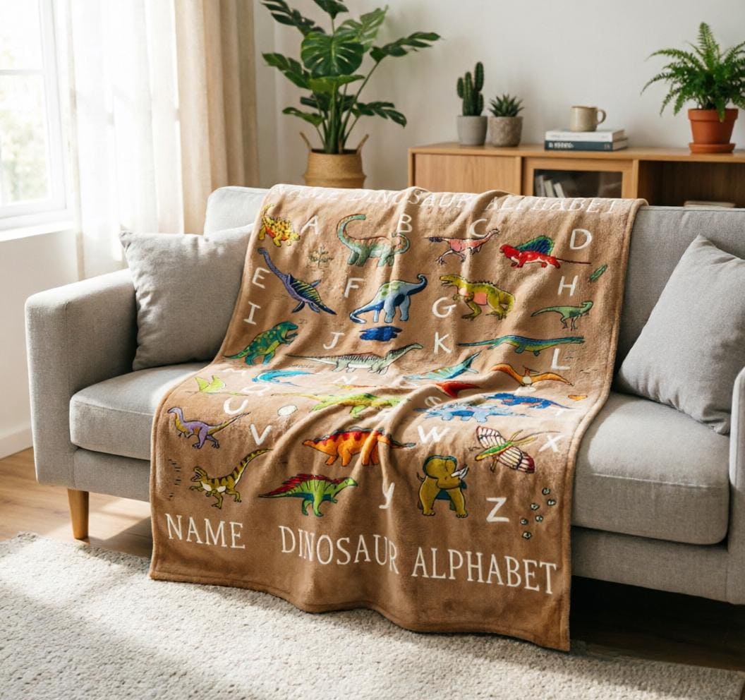 Custom Name Dinosaur ABC Blanket Soft Throw, Kids Dino Alphabet Learning Throw, Personalized Baby Shower Gift