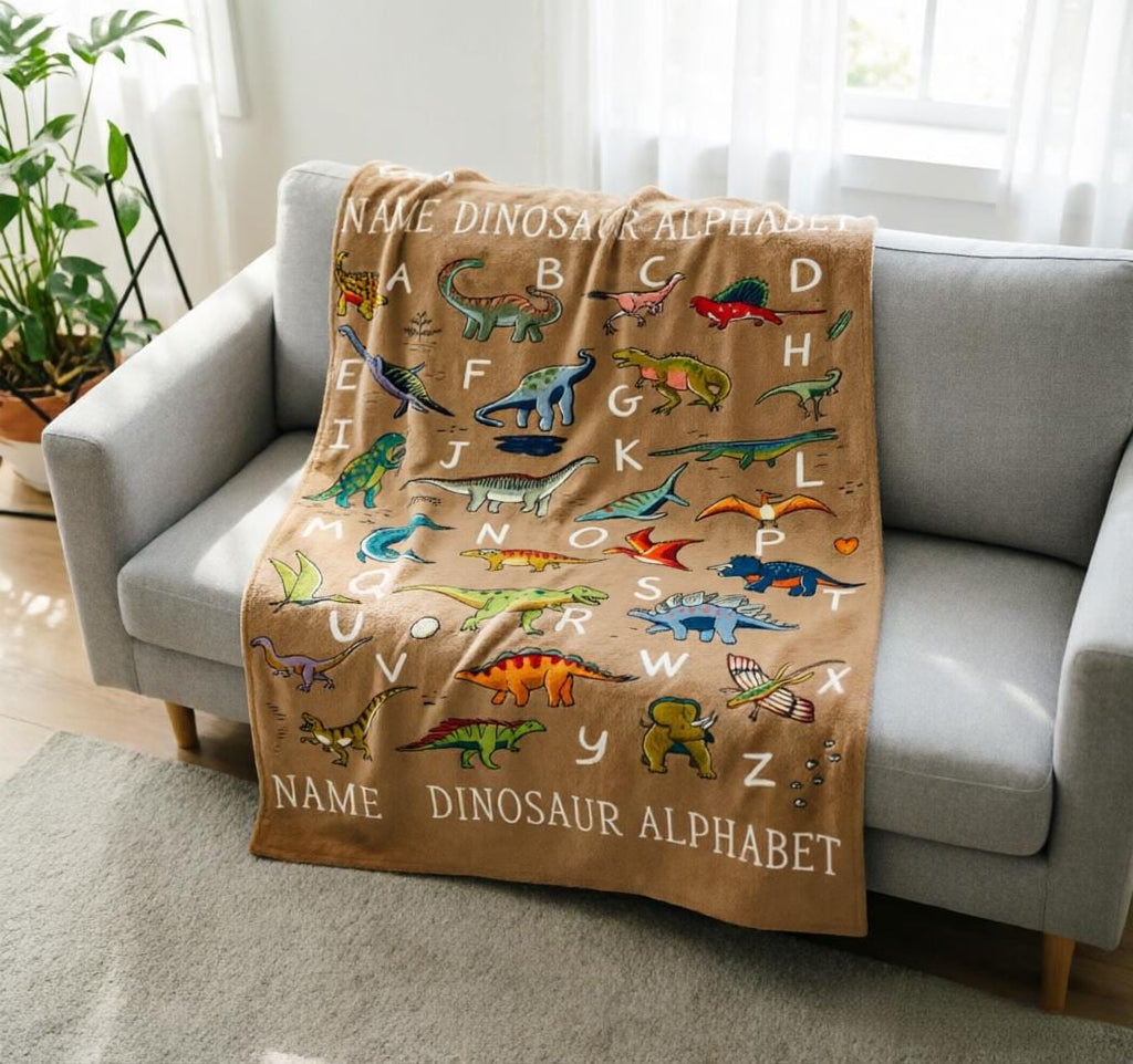 Custom Name Dinosaur ABC Blanket Soft Throw, Kids Dino Alphabet Learning Throw, Personalized Baby Shower Gift