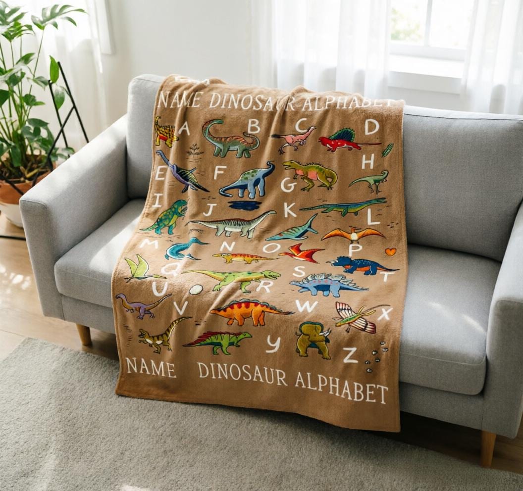 Custom Name Dinosaur ABC Blanket Soft Throw, Kids Dino Alphabet Learning Throw, Personalized Baby Shower Gift